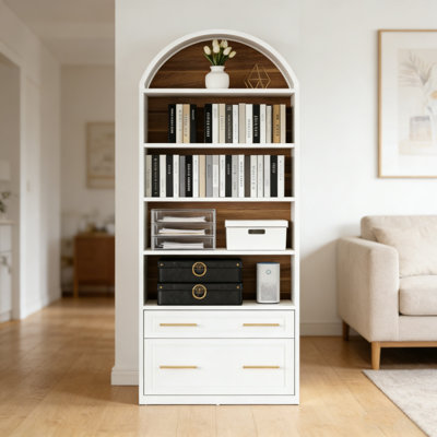 Modern Arched Top 5-Tier Open Shelf Bookcase with 2 Drawers, Freestanding Tall Storage Cabinet with Gold Handles, White Wooden Display Shelf for Living Room, Bedroom, Home Office