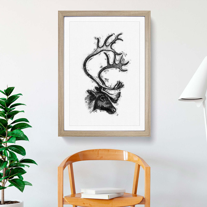 A Deer with Antlers Illustration in Black and White - Framed Print, 63cm H x 45cm W x 2cm D, Oak Framed