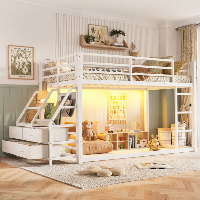 Lit superposé simple au-dessus de simple avec tablettes et tiroirs de rangement, lit superposé en métal avec lumières DEL pour adolescents, pas besoin de sommier tapissier. Blanc