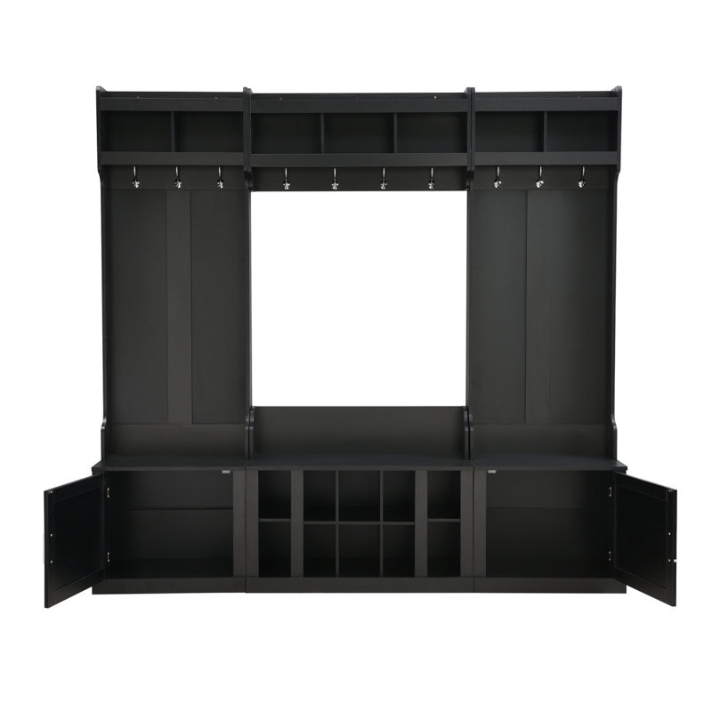 ON-TREND Wide Design Hall Tree With Storage And Bench, 4-IN-1 Multi-Functional Entryway Bench With Coat Rack And Shoe Cubbies, Practical Furniture For Hallway, Black(OLD SKU: SD000025AAB)