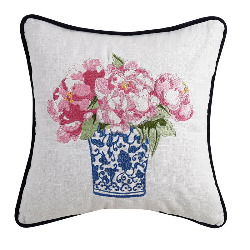 Pink Embroidered Cotton Flower Square Pillow 16x16 Inch