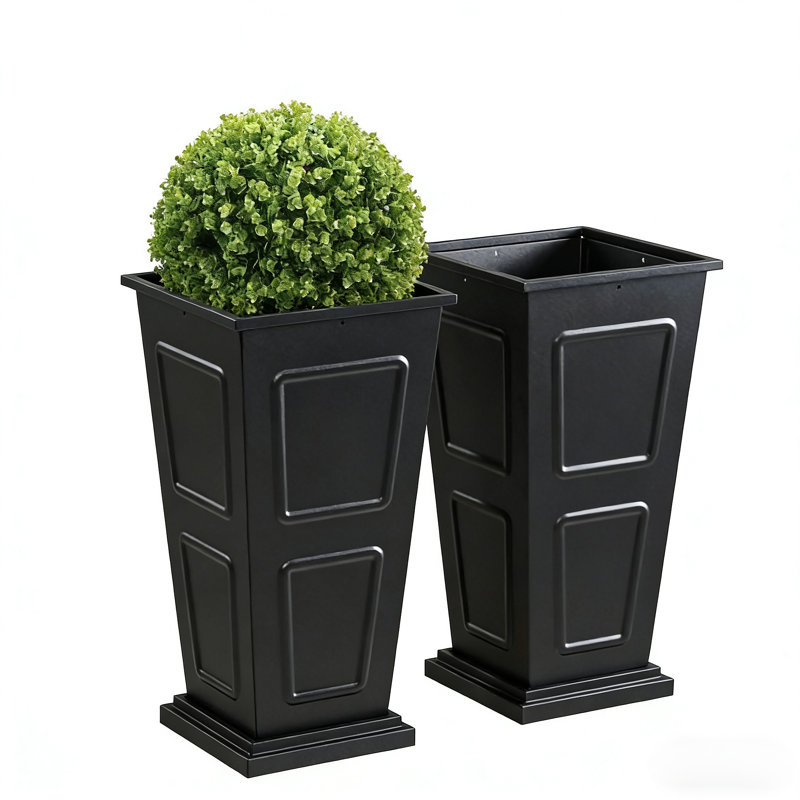 23"H Tall Metal Outdoor Planter Set of 2, Black Tapered Steel Planters with Removable Partition & Drainage Holes, Large Garden Pots for Porch, Patio, Balcony, All-Weather Classic Estate Design