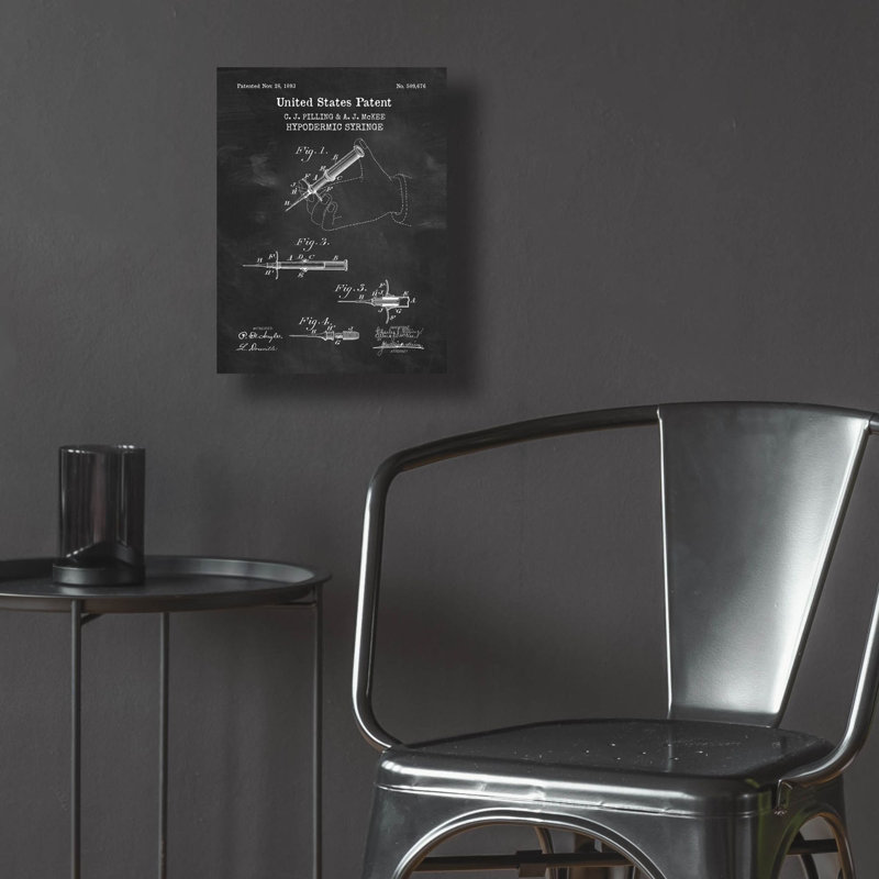 «Hypodermic Syringe Blueprint Vernis tableau noir», art mural en verre acrylique, H 16 po x l 12 po x P 0,13 po