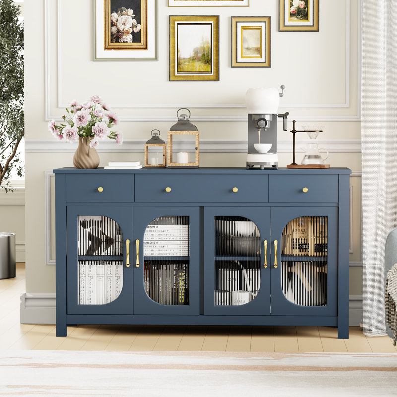 srping 55" Large Sideboard Buffet Cabinet With Storage, Kitchen Storage Cabinet With 3 Drawers And 4 Glass Doors, Buffet Table Coffee Bar Cabinet For Dining Room, Living Room