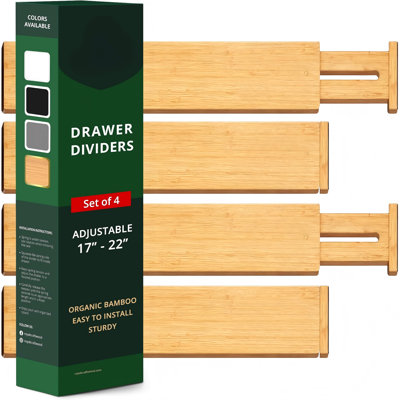 Bamboo Drawer Dividers Organizers, Adjustable Drawer Separator Splitters, 17–22 Inches Expandable Drawer Divider Organizer For Large Utensils, Kitchen, Bedroom, Dresser & Office Drawers 4-Pack
