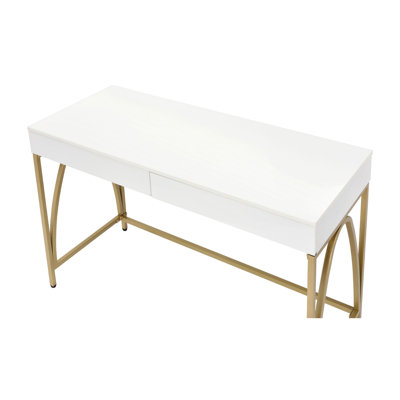 Bureau de meuble-lavabo 2 tiroirs Manpre, blanc brillant et finition dorée