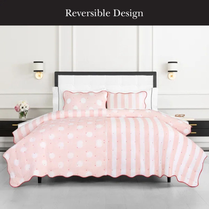 kate spade new york Stripe Dot Twin Quilt Bedding Set, Reversible Cotton 2-Piece Bedding, Pink, 2