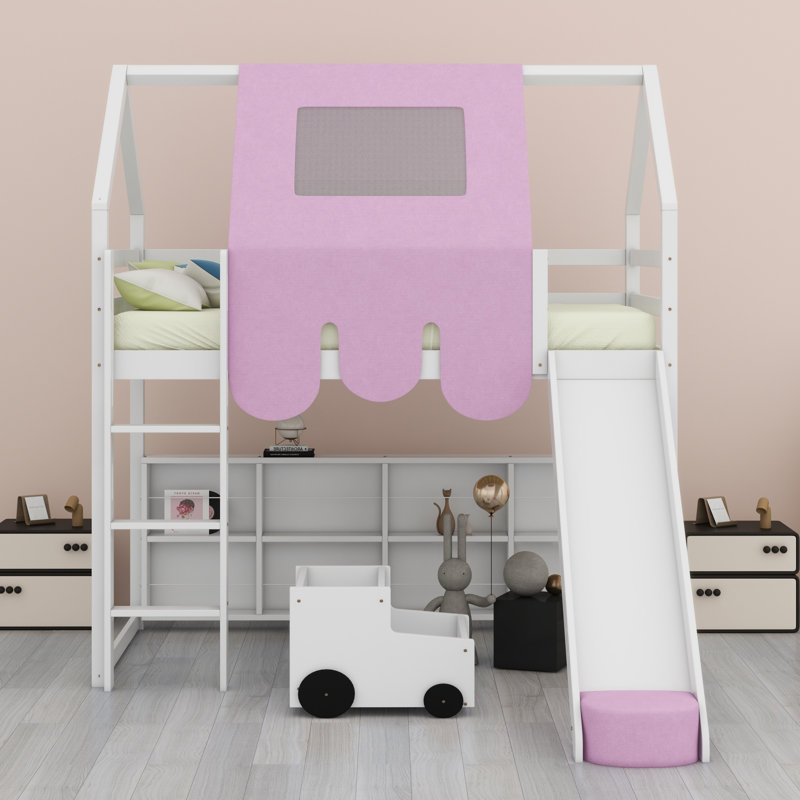 Structure de lit en mezzanine avec tente, Lit simple, Blanc / Rose
