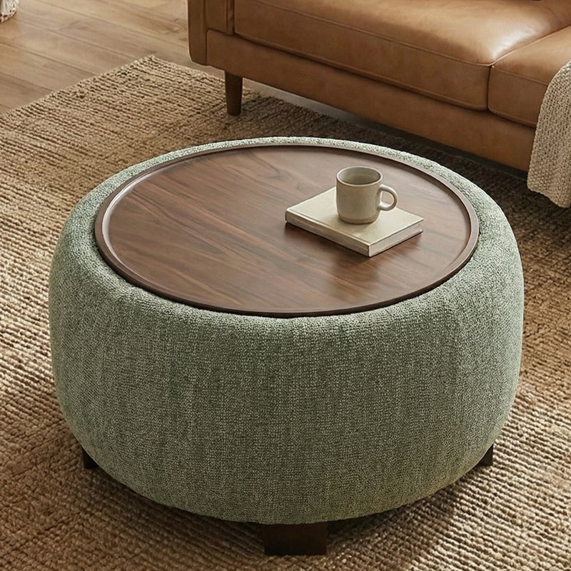 Upholstered Round Storage Ottoman with Wooden Tray, Green