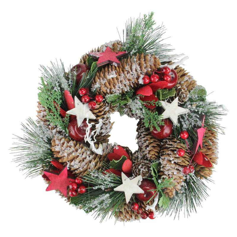 Couronne de Noël artificielle pommes et pommes de pin givrées, 10.25" H x 10.25" L x 3.24" D