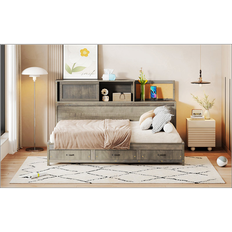 Lit de jour double en bois avec 3 tiroirs de rangement, Gris