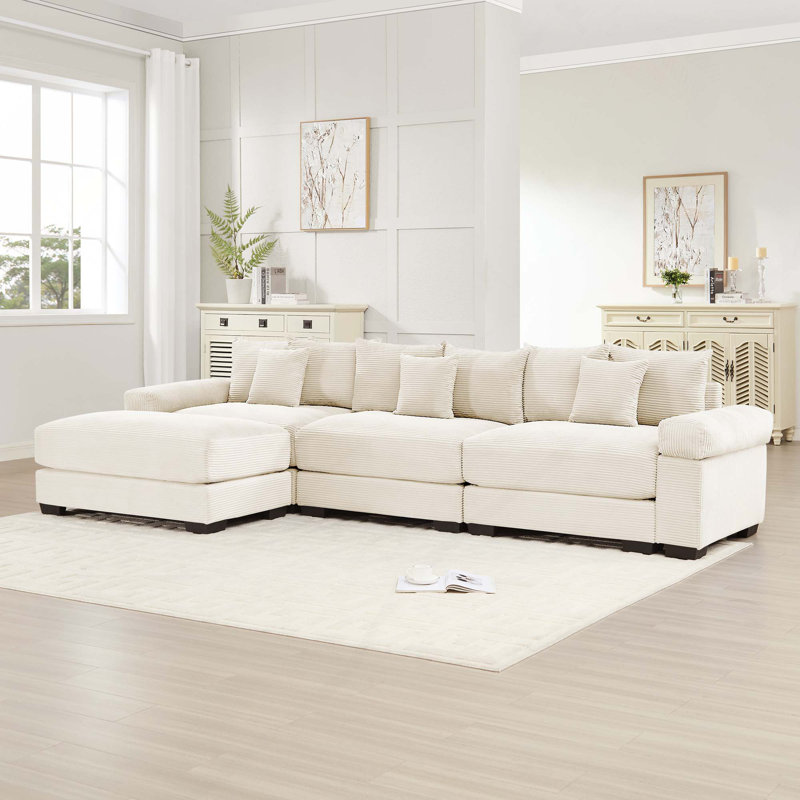 Canapé modulaire surdimensionné en velours côtelé 3 places avec accoudoirs très épais et 1 repose-pieds Premium, Cream