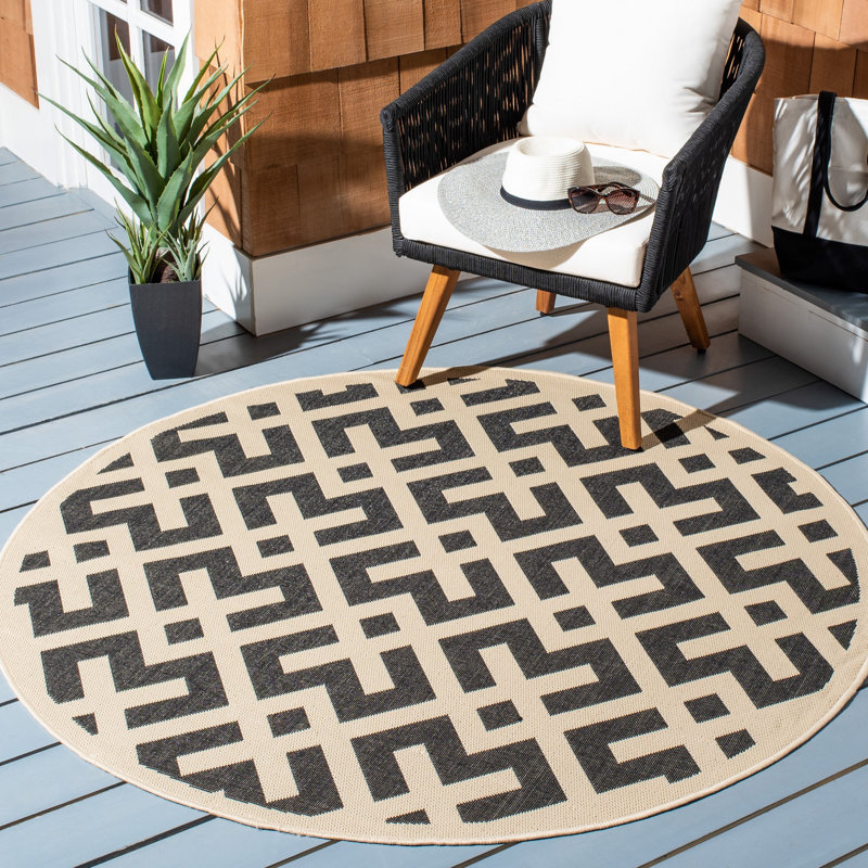 Arneshia Geometric Black/Beige Indoor/Outdoor Area Rug, Round 4'