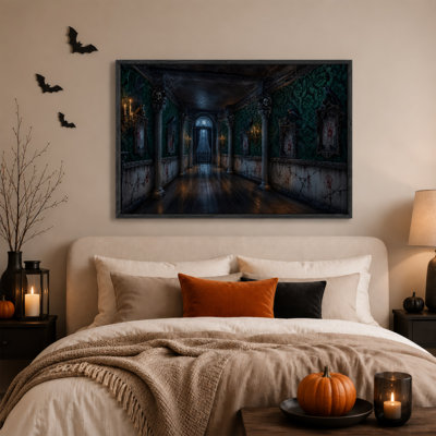 Art mural sur toile, hall d'entrée gothique avec colonnes de crânes et vert d'Halloween