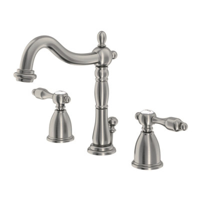 Kingston Brass Tudor Two-Handle 3-Hole Deck Mount Widespread Bathroom Faucet with Pop-Up Drain