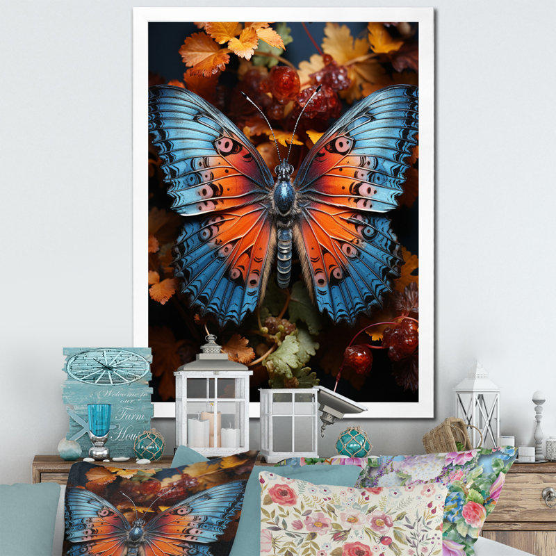 «Orange Turquoise Animal Butterfly», reproduction sur toile, Cadre simple blanc, H 40 po x l 30 po x P 1,5 po