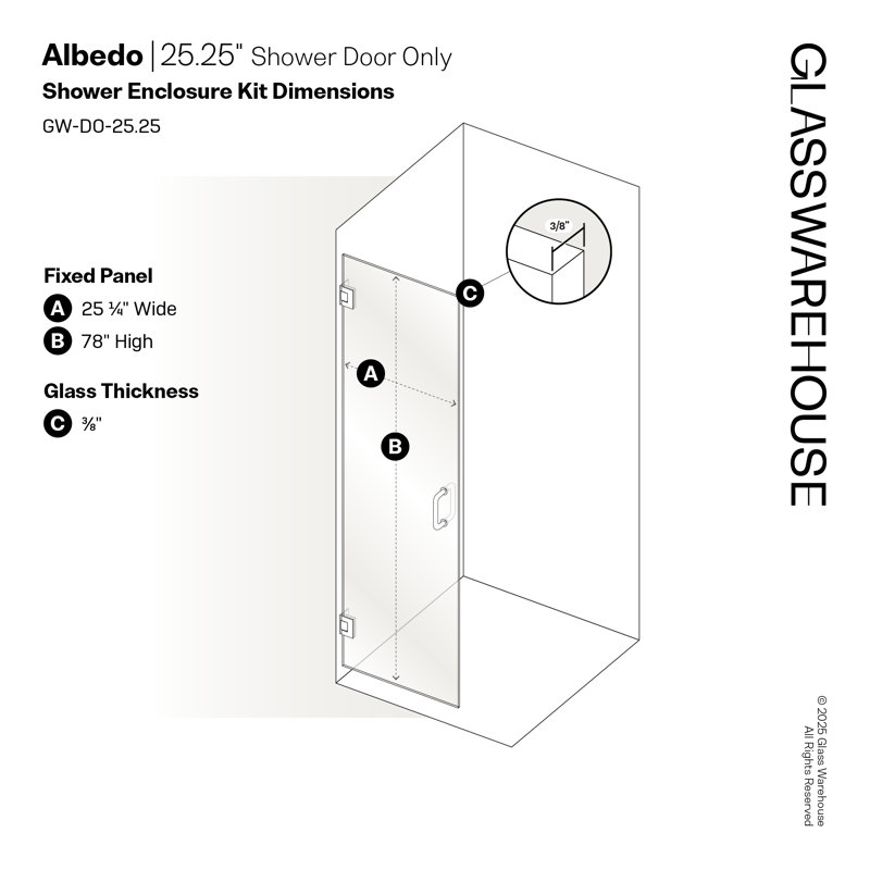Albedo 25.25 in. x 78 in. Fully Frameless Hinge Shower Door, Polished Nickel