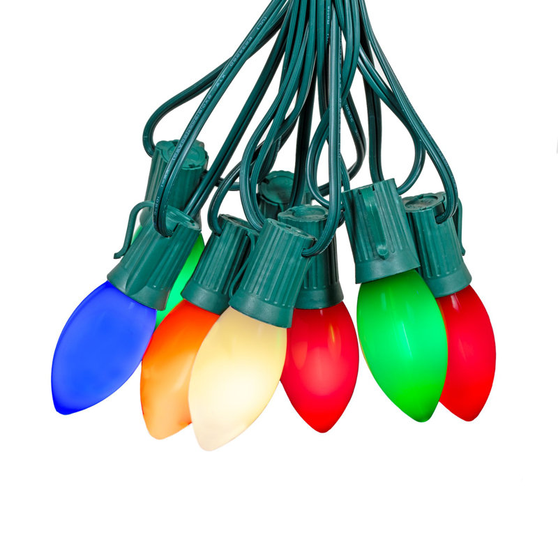  25 Feet LED C9 String Lights, Ceramic Multicolor, 25 Bulbs with 12 Inch Spacing on Green Wire, Connect Up To 43 Strings Together, Shatterproof and Weather Resistant Removable Bulbs