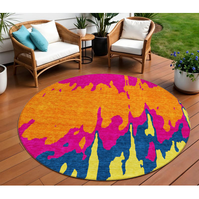 Tapis extérieur rond lavable rose, orange et bleu Everette