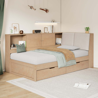 Wooden L-Shaped Daybed Corner Bed Under-Bed Drawers  With Storage Bookcase And Upholstered Headboard And USB Charging Ports For Limited Space