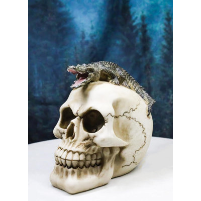 Ossuary Macabre Gothic Jointed Skull With Perching Crocodile Gator Figurine