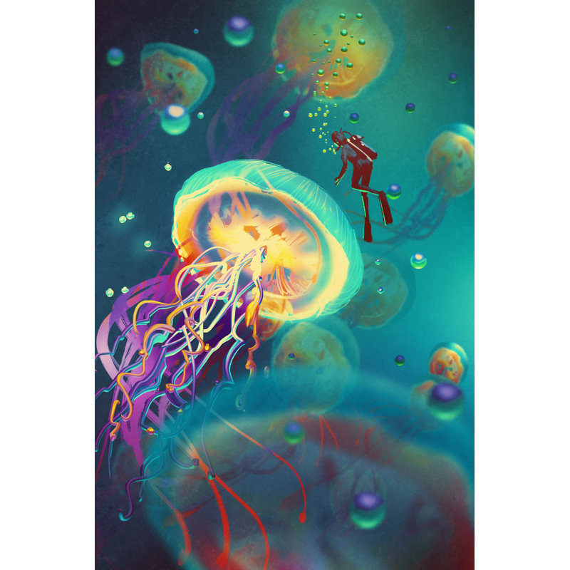 Big Jellyfishes And Diver,Digital Painting - Wrapped Canvas Painting, 30cm H x 20cm W x 3.8cm D