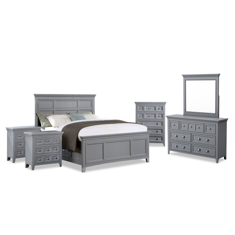 Genesha Bedroom Set, Gray, Queen, 6 Pcs: Bed, 2 Nightstands, Dresser, Mirror, Chest
