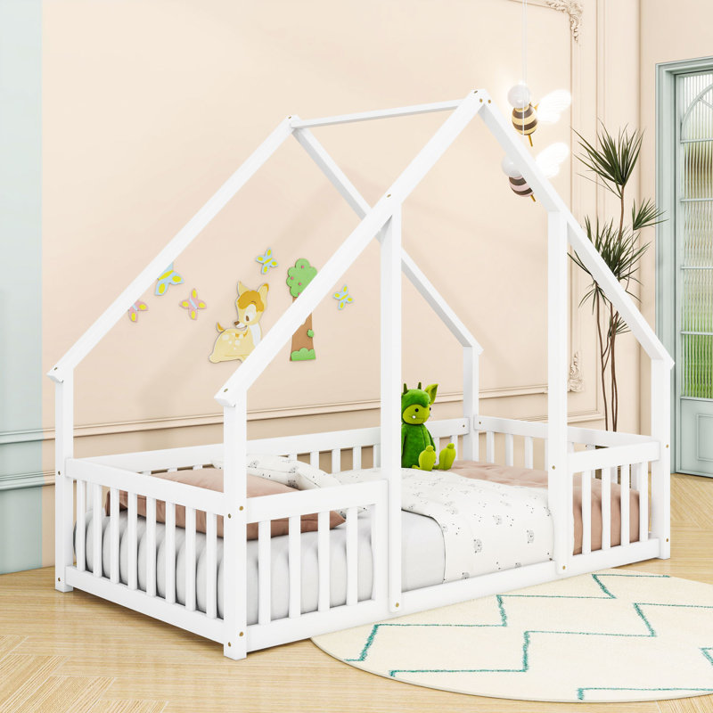 Lit en bois avec garde-corps en forme de maison, Simple, Blanc