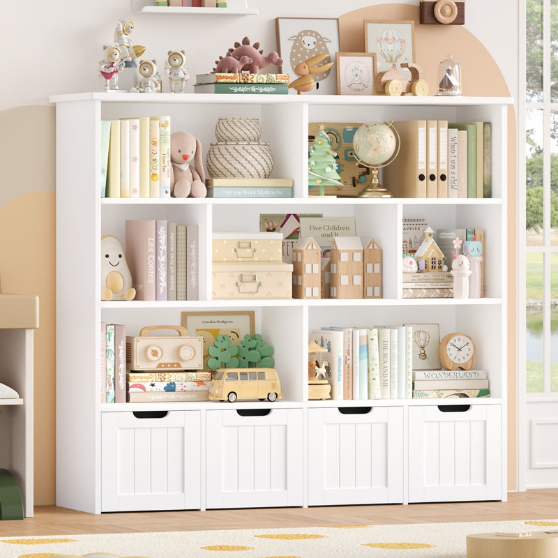 Kirklyn 49.4″ 7-Cube Standard Bookcase with 4 Drawers, Wood Storage Bookshelf in Mid-Century Modern, White, White
