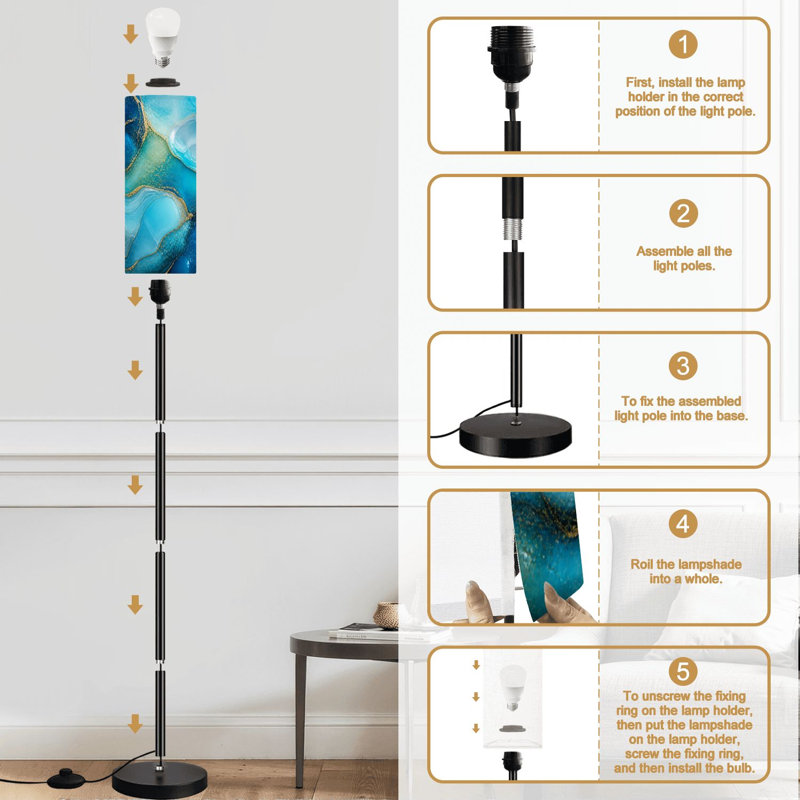 Lampe sur pied en marbre bleu doré à intensité variable moderne avec télécommande et pédale abat-jour abat-jour grand poteau de coin pour le salon, la chambre et le bureau