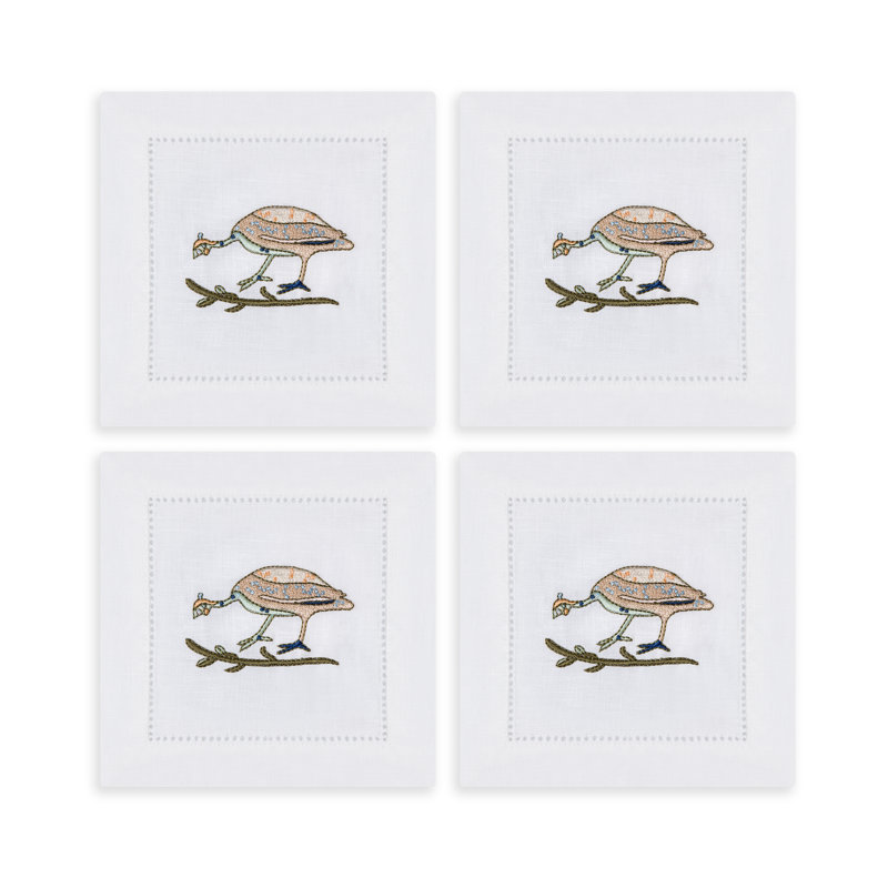 Bird Motif Embroidered Linen Cocktail Napkins