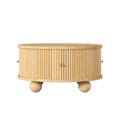 Table basse ronde cannelée avec rangement, bois de pin massif, porte coulissante, finition naturelle, 31,8 po