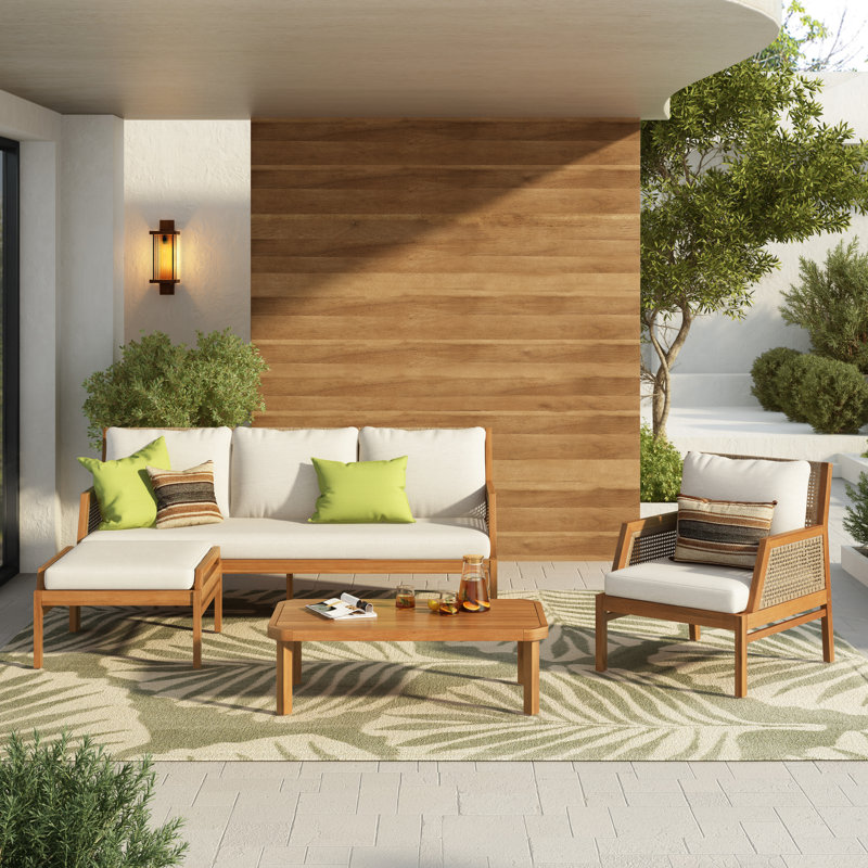 Ensemble de canapés de patio 4 pièces Modern, osier en bois d'acacia, divertissement extérieur rustique