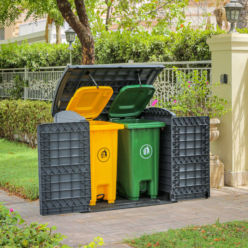 Arc Lid Rattan Horizontal Garbage Shed, Gray