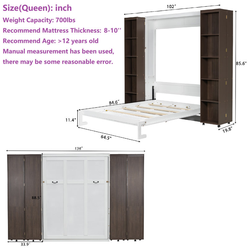 Grand lit escamotable avec tablettes de rangement, Blanc