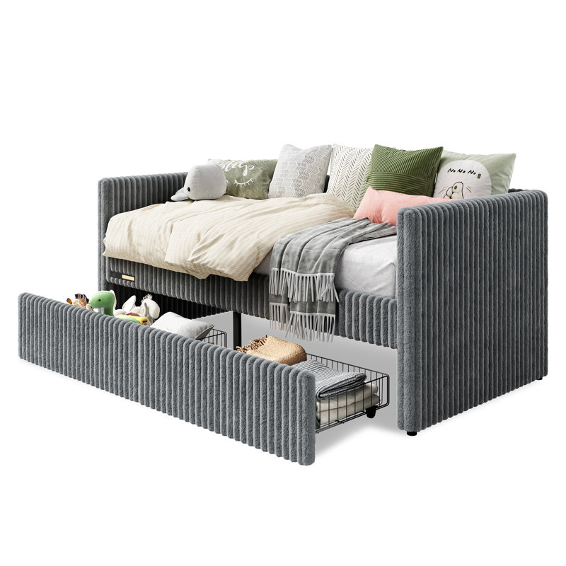 Lit de jour rembourré avec côtés gardés, base de lit plateforme avec support à lattes et veilleuse intégrée, gris, Gris