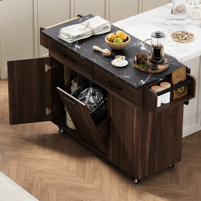 Îlot de cuisine noyer brun avec deux portes, porte-poubelle, abattant pliable, tablette ajustable, grande armoire à épices