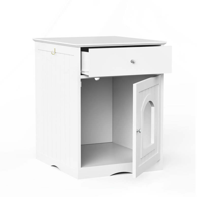 Enceinte en bois pour litière pour chat avec tiroir, table d'appoint, cage intérieure pour animal, table de chevet pour chat (blanc)