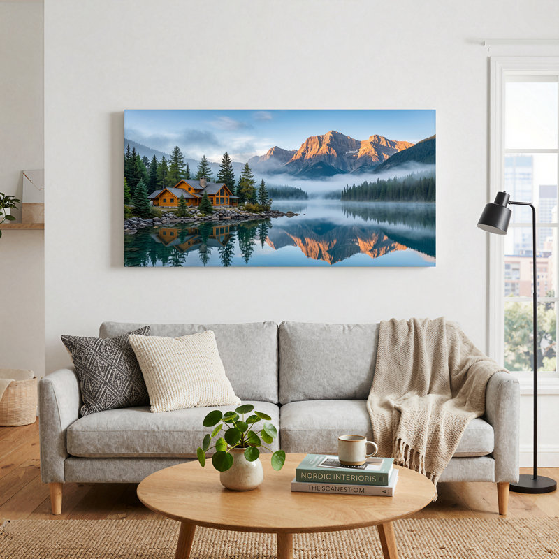 Art sur toile orange, chalet en rondins sur un lac brumeux, 46“W x 24”H
