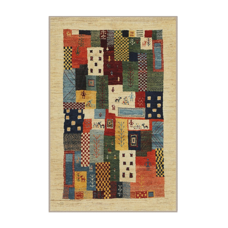 Tapis contemporain beige / noir / rouge, Rectangle 5 pi x 8 pi