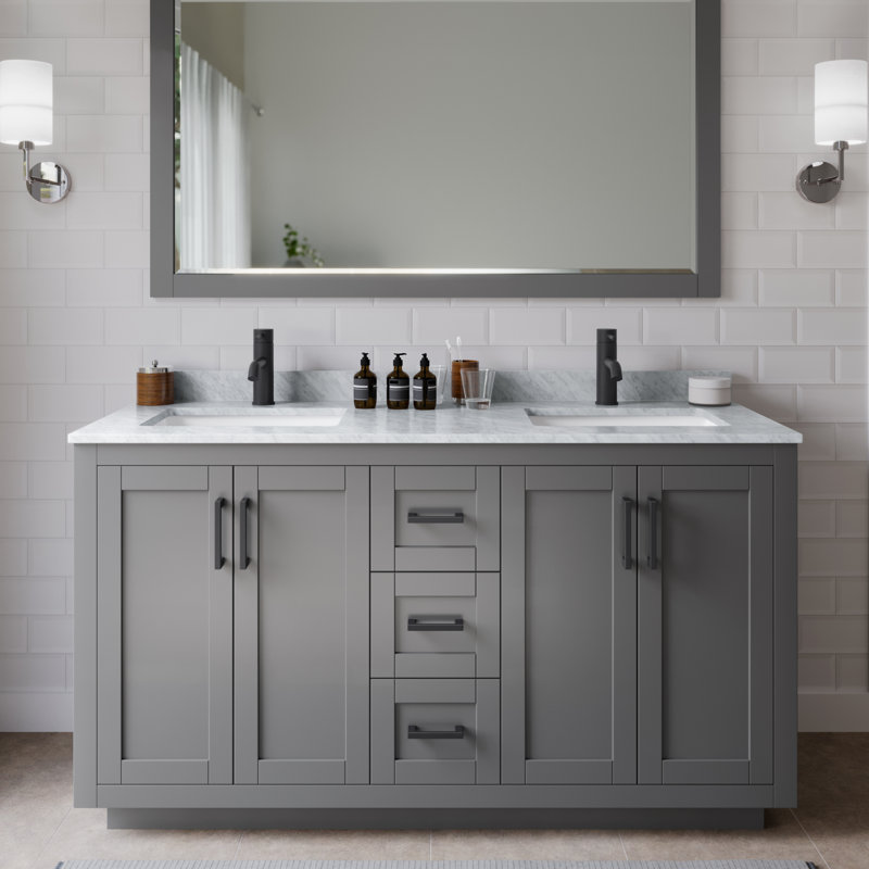 Ensemble de meuble-lavabo double 60 po avec plateau en marbre Miranda, Gris foncé, Noir mat