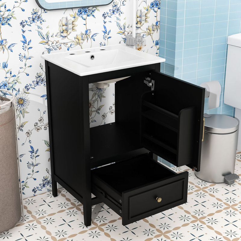 Meuble-lavabo simple autoportant moderne avec lavabo en céramique, porte à fermeture en douceur et grand espace de rangement