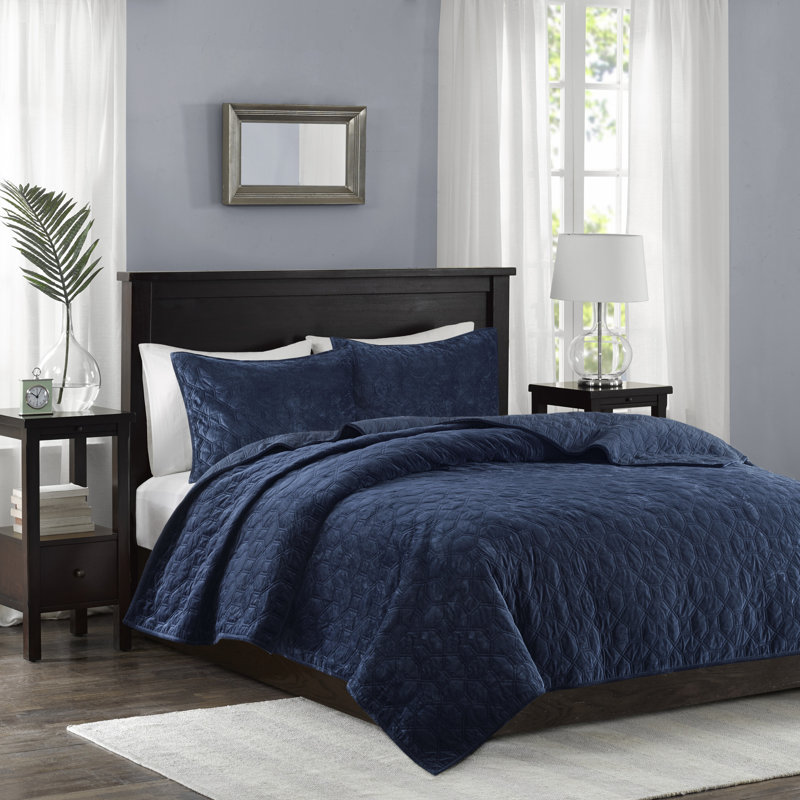 Navy Full Velvet Reversible Quilt Set with Shams
