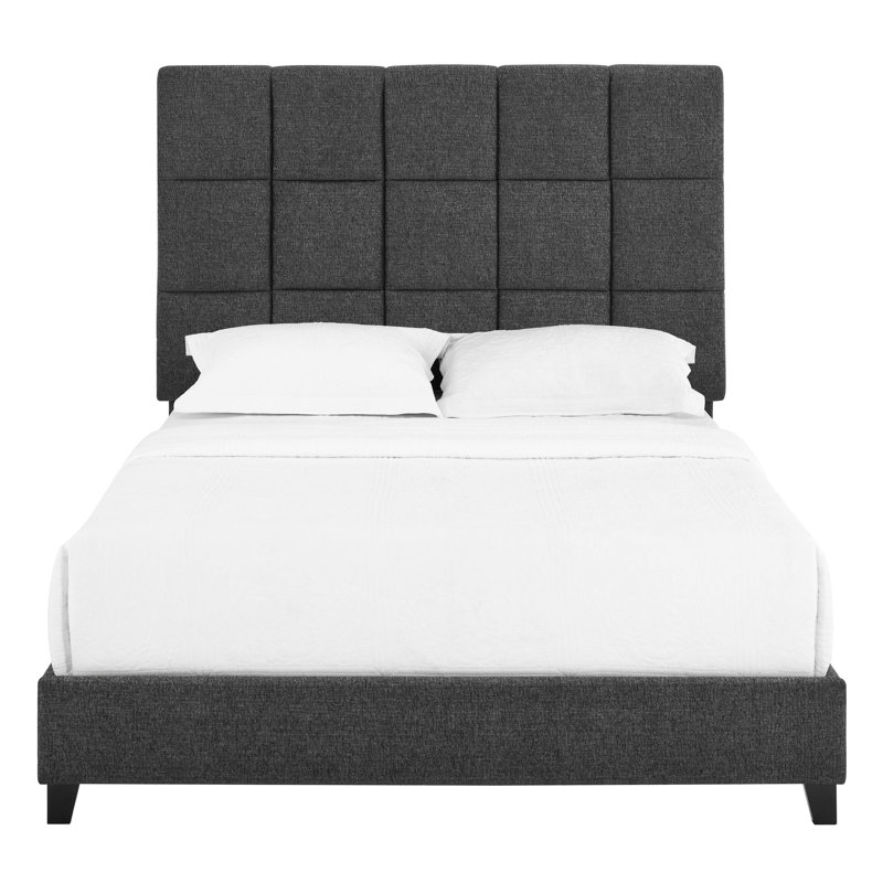 Transitional Grey Upholstered Bed Frame For Bedroom, Queen Size With Side Rails Contemporary Bedroom Bed, In Granite Dark