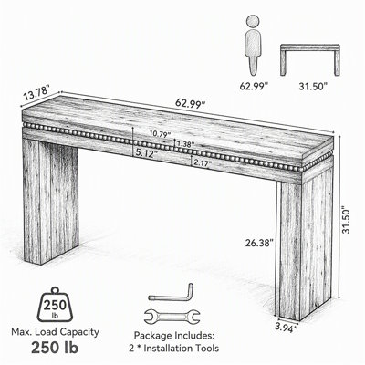 63" Solid Wood Console Table, Mid-Century Sofa Table Behind the Couch for Hallway Foyer