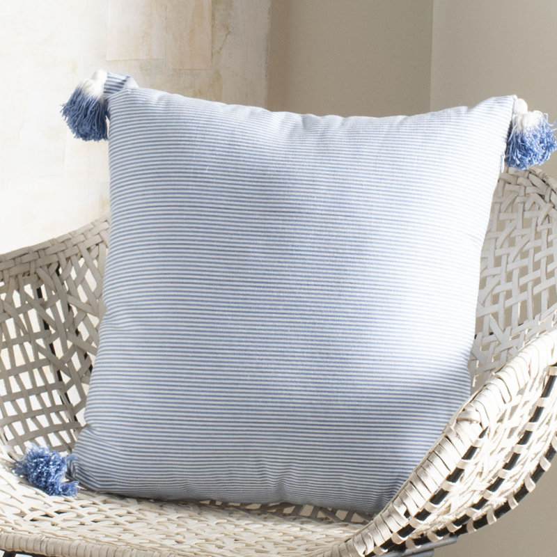 Blue and White Square Embroidered Decorative Pillow with Tassels