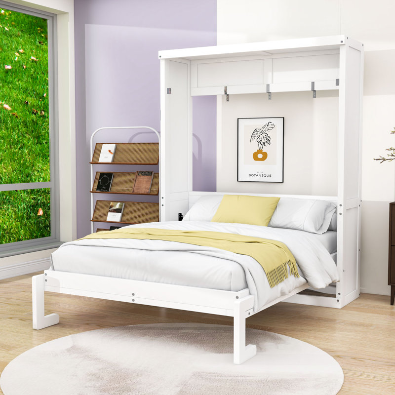 Lit escamotable en bois avec lattes, Lit double, Blanc