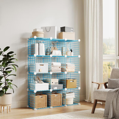 12-Cube Metal Grid Storage Organizer - Modular Wire Cube Shelf Unit, 37.4”l x 12.6”w x 48.8”h, Versatile Closet Cabinet & Bookshelf for Bedroom, Office, Entryway