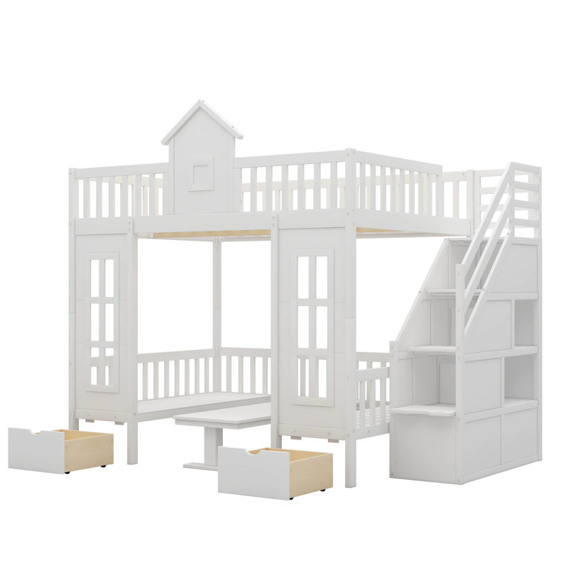 Kids Bunk Bed with Drawers, Full over  Full, White