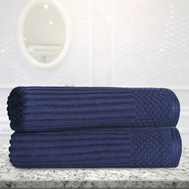 Ruvins Cotton Highly Absorbent Solid and Checkered Border Bath Sheet Set, Navy Blue